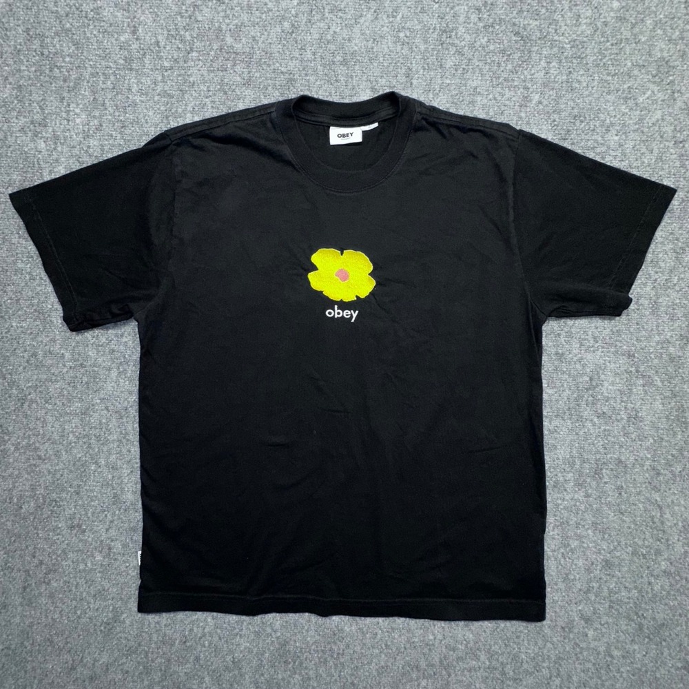 OBEY‎ Organic Black T Shirt Graphic Flower Print Cotton Mens XL